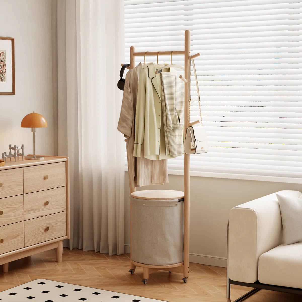 Multifunctional Solid Wood Coat Rack with Removable Laundry Basket \u2013 Movable Freestanding Cl... | Wayfair North America