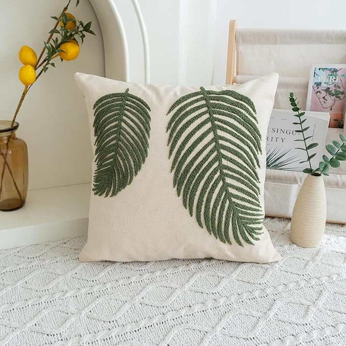 Linen Green Leaf Throw Pillow Cover, Square Pillowcase with Tufted Tropical Palm Leaves, Modern D... | Amazon (US)