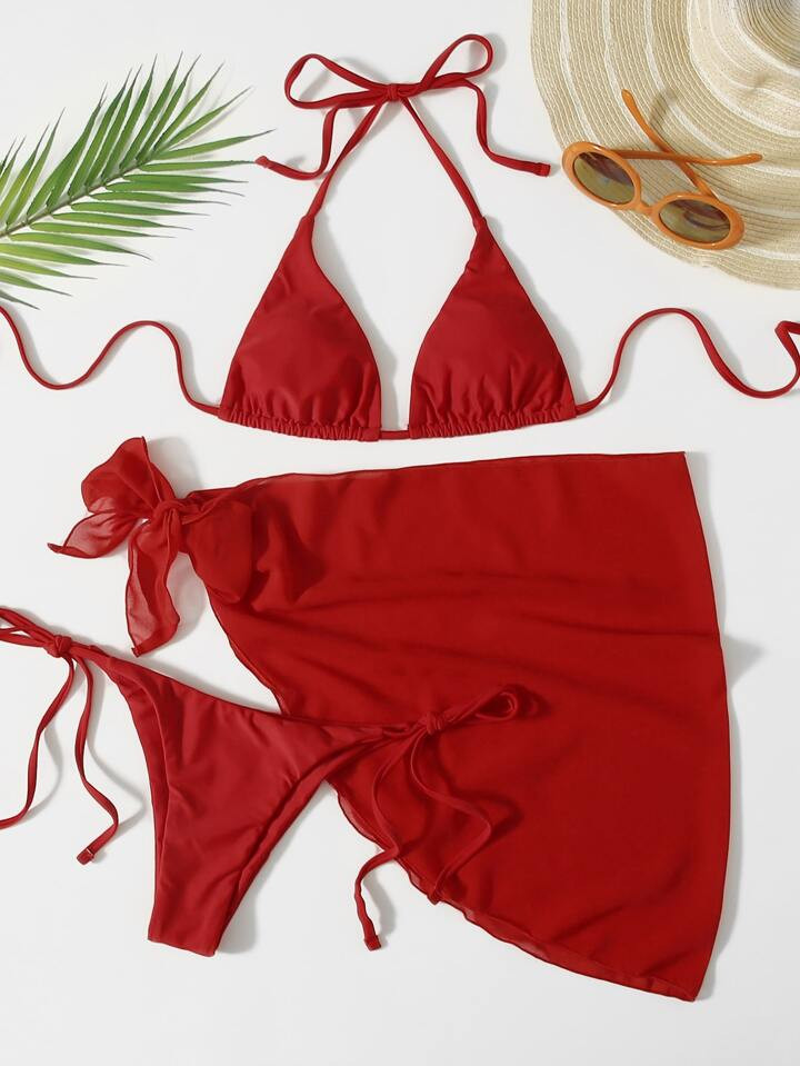 SHEIN Swim Summer Beach 3pack Triangle Tie Side Bikini Swimsuit & Beach Skirt | SHEIN
