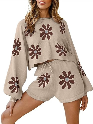 Ekouaer Matching Sweat Sets for Women 2 Piece Outfits Pjs for Women Knitted Sweatsuit Sets Top and Shorts,Floral-Beige XXL | Amazon (US)