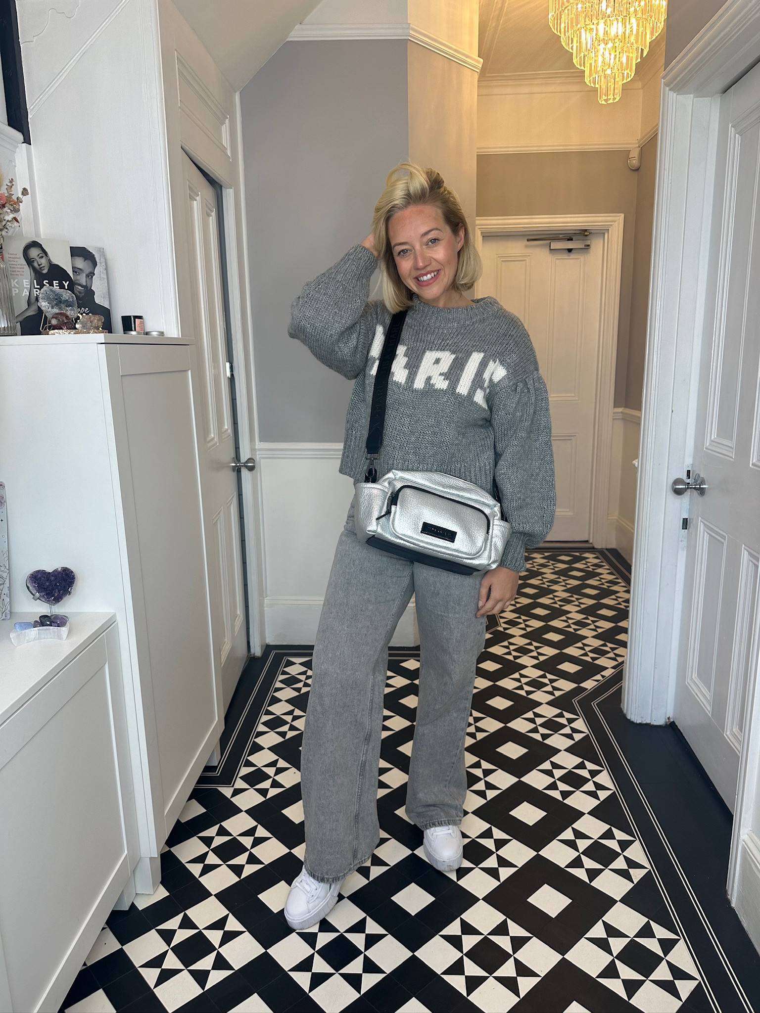 Casual day outfit, grey outfit, knitted jumper, Paris sweatshirt, H&M, grey straight leg jeans, grey denim, Tiba & Marl bag, silver bag, Puma trainers, white trainers, comfy outfit 

#LTKSeasonal #LTKeurope #LTKstyletip