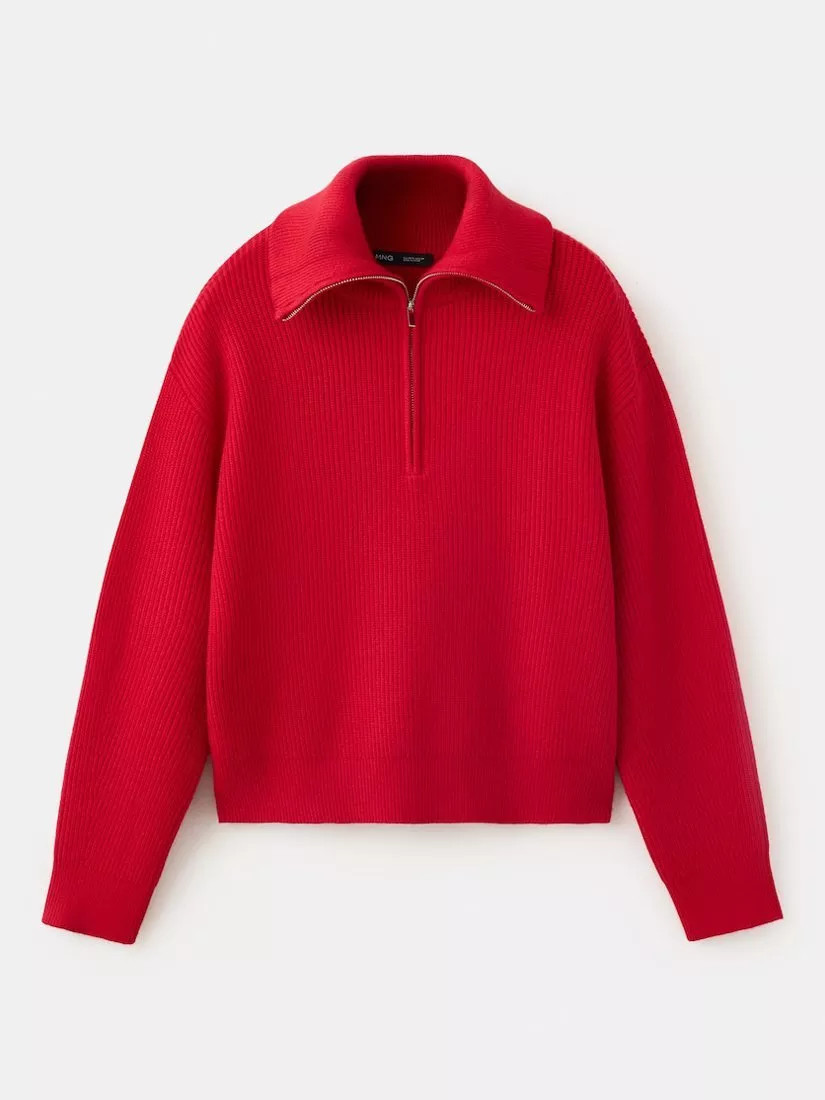 Mango Ribbed Half-Zip Knit Jumper, Red | John Lewis (UK)