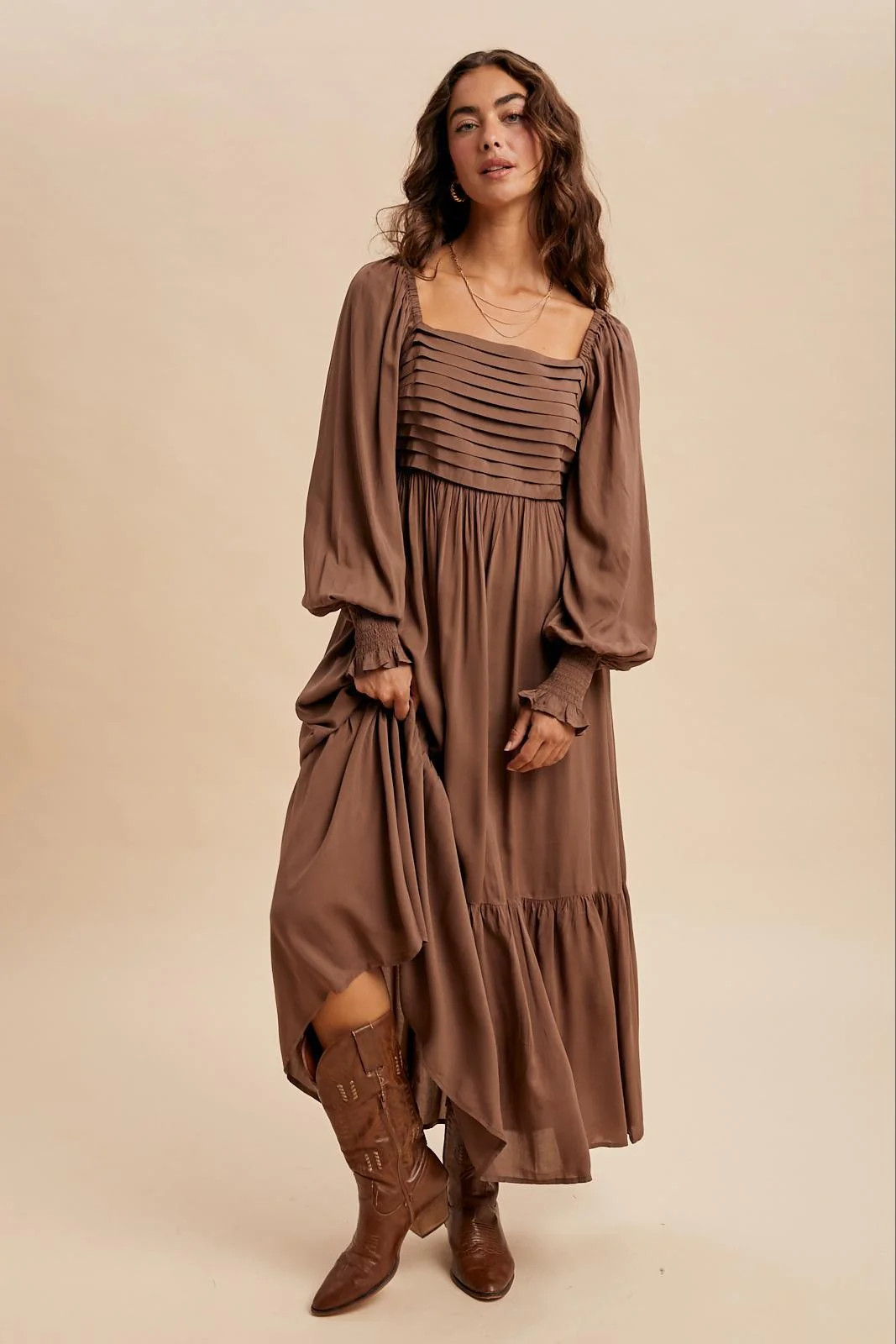 Mocha Pleated Bodice Long Sleeve Maxi Dress | PinkBlush Maternity