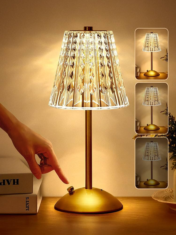 Cordless Lamp, Crystal+Dimmable+3 Colors Rechargeable Lamp, Touch+2000mAh Battery Operated Vintag... | Amazon (US)