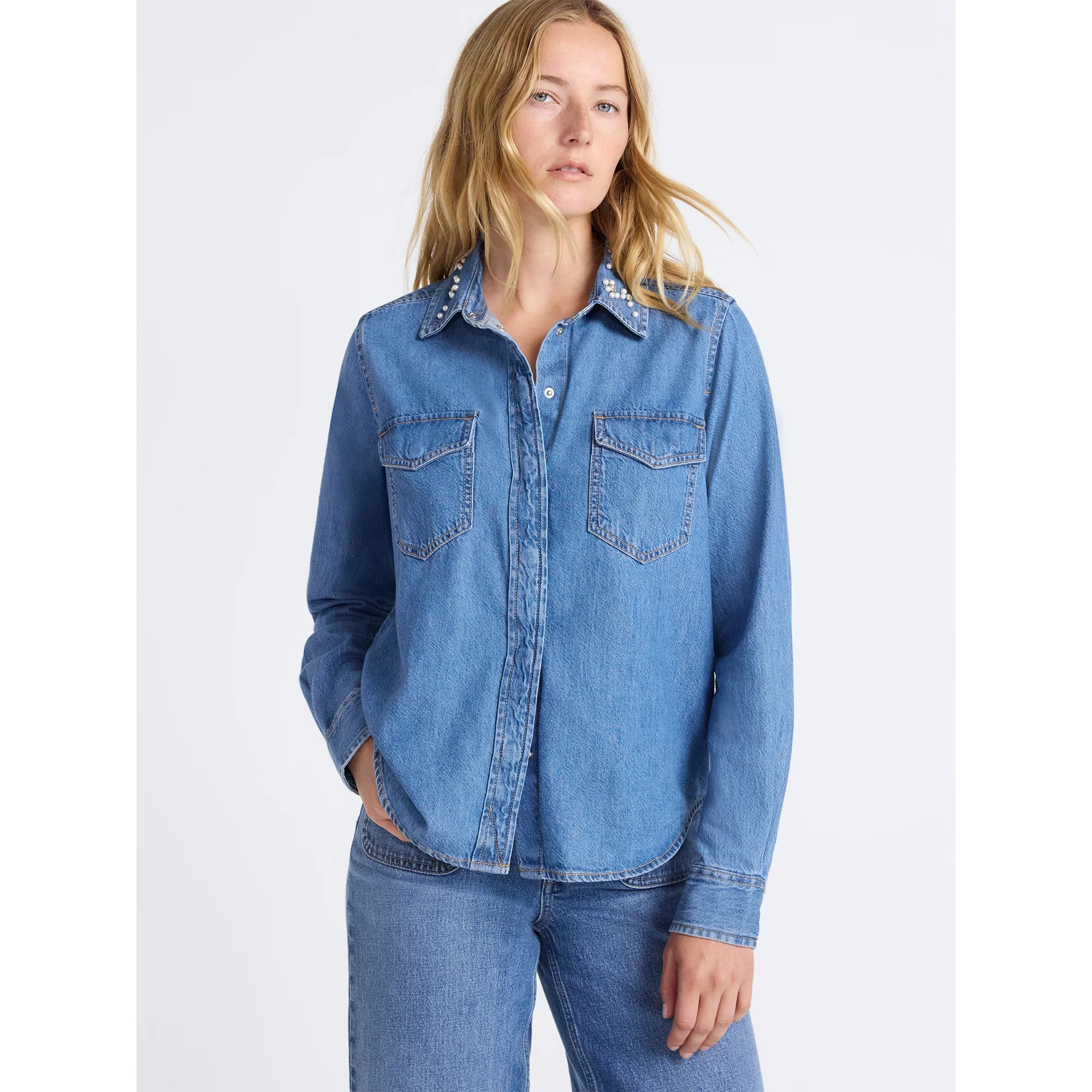 Free Assembly Women's Embellished Denim Shirt with Long Sleeves, Sizes XS-XXXL | Walmart (US)