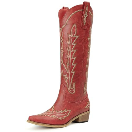 Rivalran Red Cowboy Boots for Women - Wide Calf Knee High Embroidered Western Cowgirl Boots, Pointed Toe Chunky Heel Retro Country Boots, Pull On Zipper Vintage Fashion Tall Boots for Girls Ladies | Amazon (US)