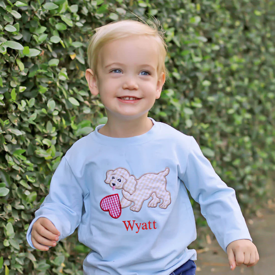 Playful Dog Heart Long Sleeve Blue Shirt | Classic Whimsy