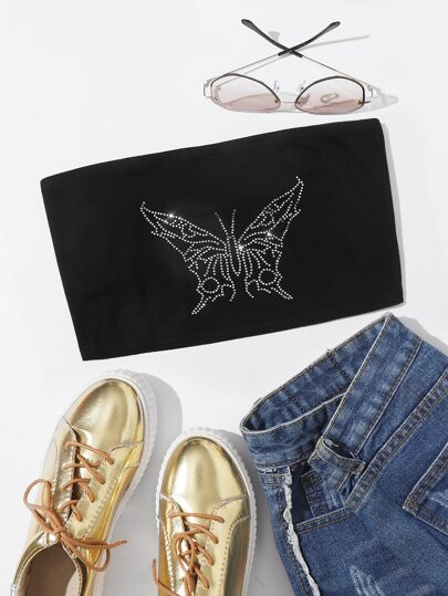 SHEIN Rhinestone Butterfly Graphic Tube Top | SHEIN