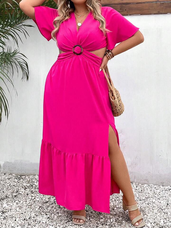 SHEIN VCAY Plus O-ring Detail Cut Out Waist Split Thigh Ruffle Hem Dress | SHEIN
