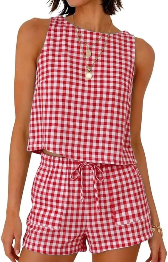 Womens Gingham Two Piece Sets Spring Summer Beach Vacation Outfits Pajama Sets | Amazon (US)