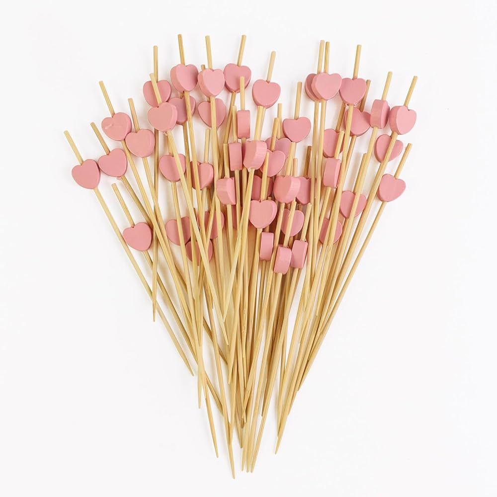 100 Counts Pink Heart Cocktail Picks，4.7 Inch Handmade Bamboo Cocktail Toothpicks for Valentine... | Amazon (US)