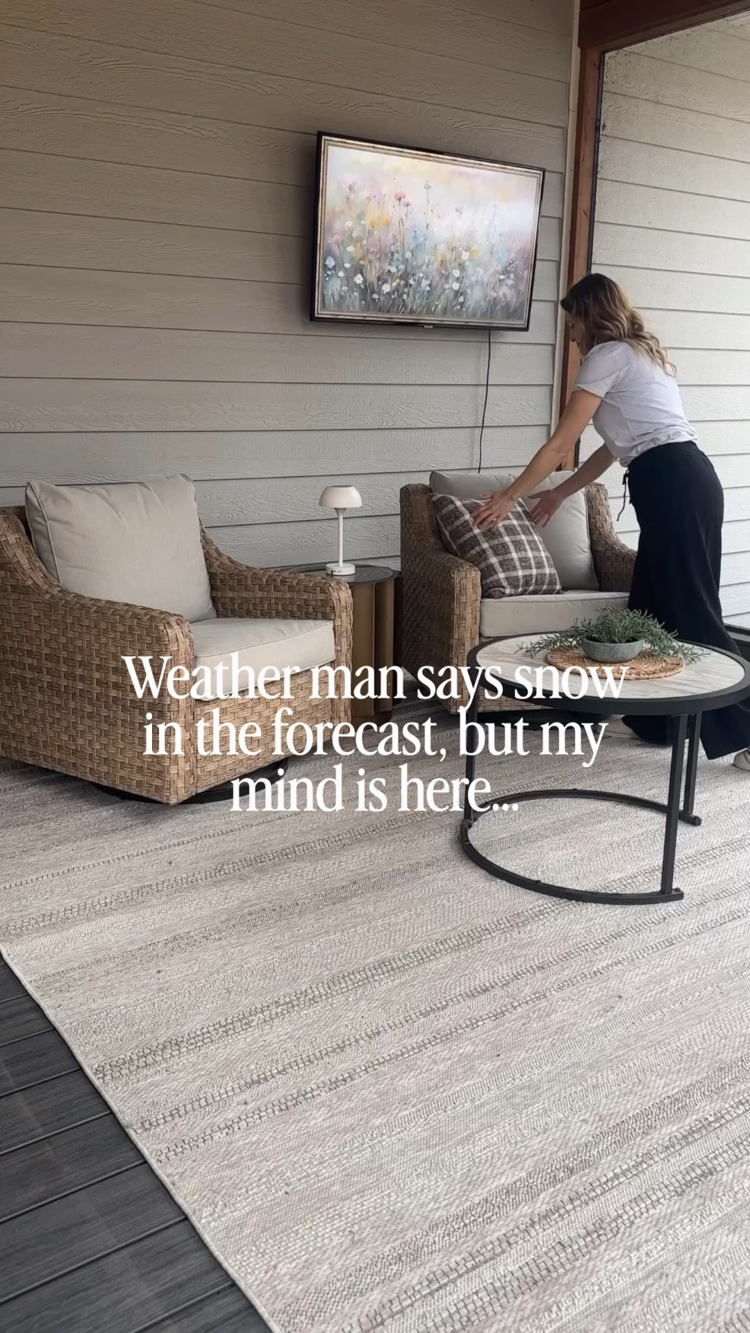 Just here patiently waiting… 
The cozy firepit helps a bit! 🔥

Comment ✨PATIO✨ for the link sent to your DM’s 
 
➡️ This patio set is 10/10 the best I’ve had! PB vibes and super durable! The cushion covers unzip to clean so easily! 3 years later and it’s still 10/10!