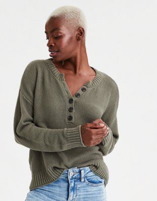 AE Oversized Henley Pullover Sweater | American Eagle Outfitters (US & CA)