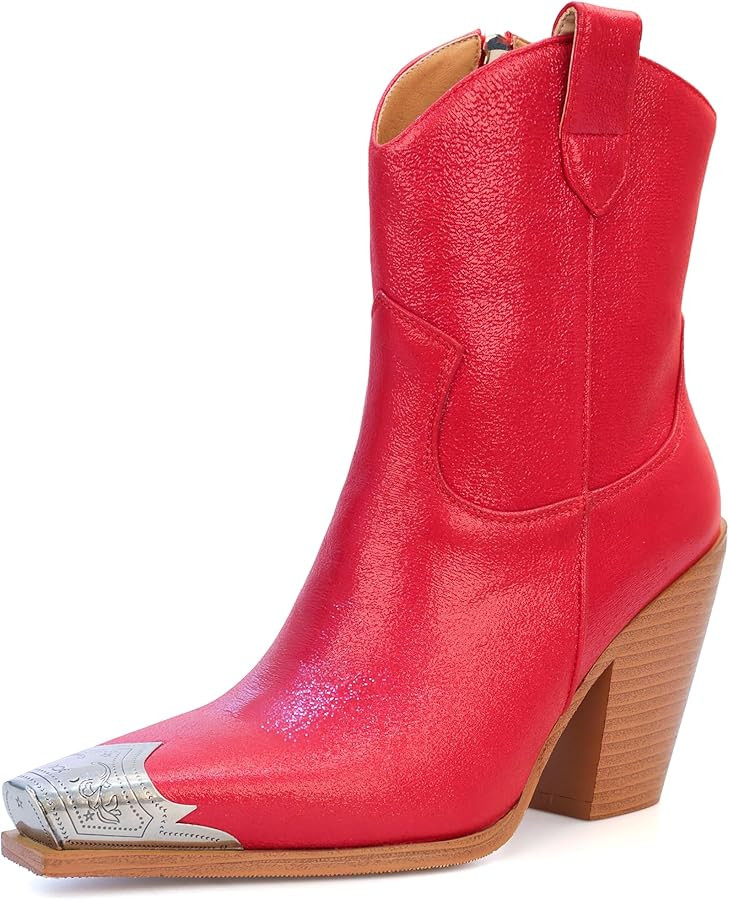 Cowboy Ankle Boots for Women Engraved Steel Toe Cowgirl Boots Stacked Block Heels Short Cowboy Bo... | Amazon (US)