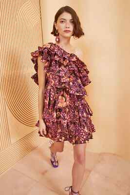 ULLA JOHNSON Naomi One-Shoulder Ruffle Dress Color Blackcurrant  | eBay | eBay US