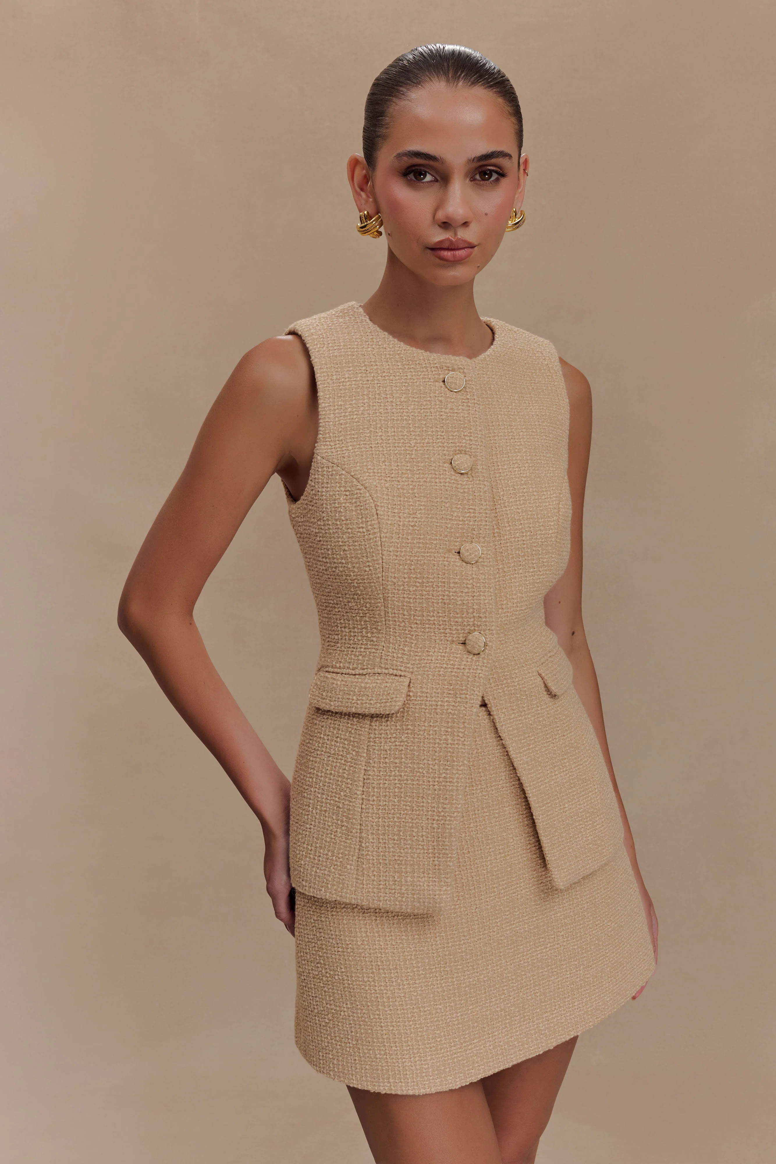 Camilla Boucle Sleeveless Vest - Light Taupe | MESHKI US