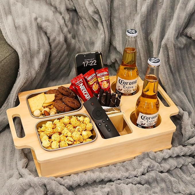 Couch Cup Holder, Movie Nights Supplies, Wooden Couch Caddy with Stainless Steel Snack Fruit Tray... | Amazon (US)