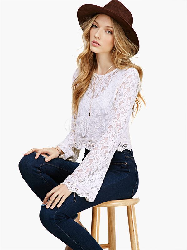 Flared Long Sleeves Lace Top | Milanoo