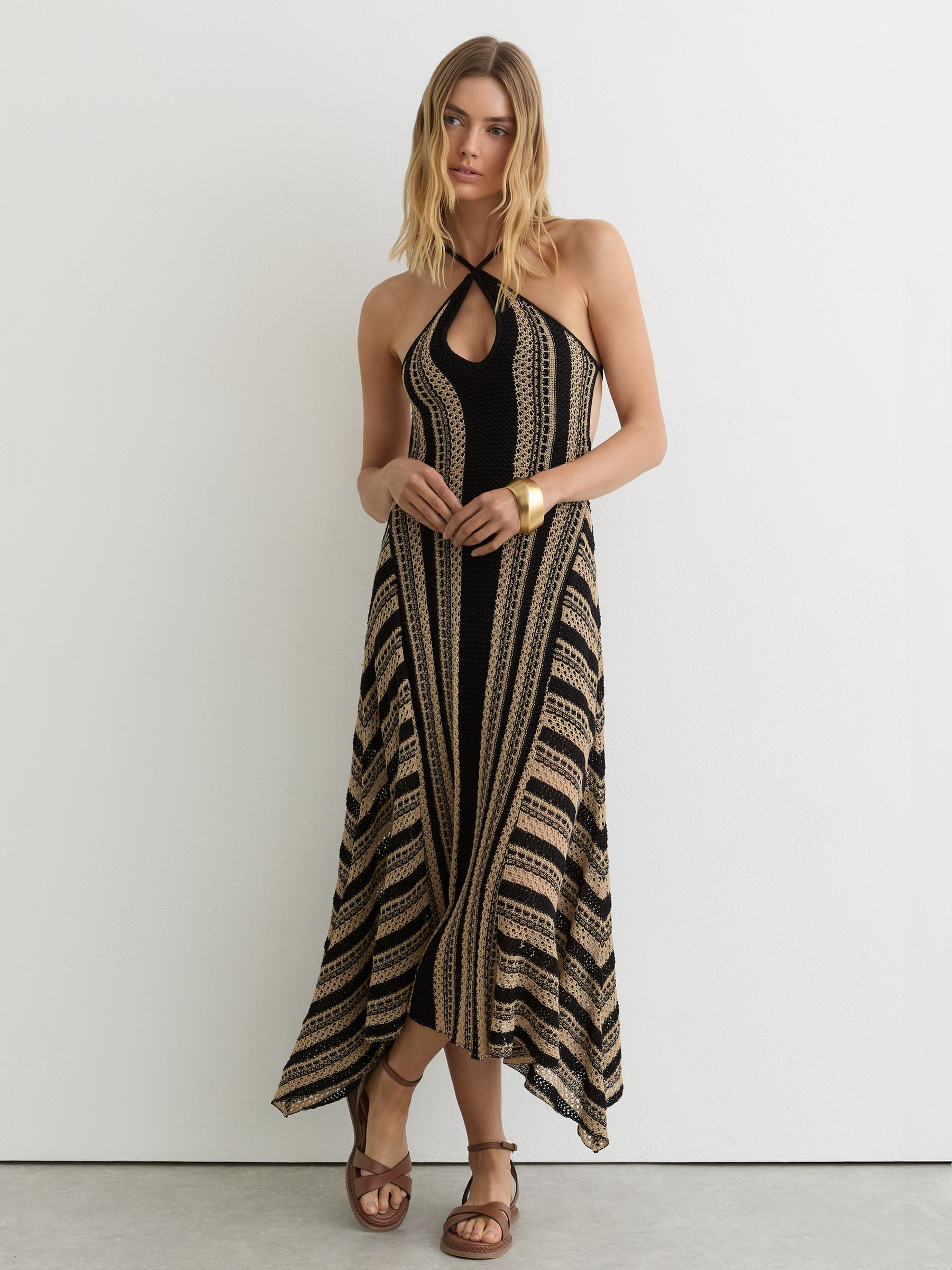 Reiss Stripe Crochet-Knit Tie-Back Maxi Dress in Black/Neutral - REISS | Reiss UK
