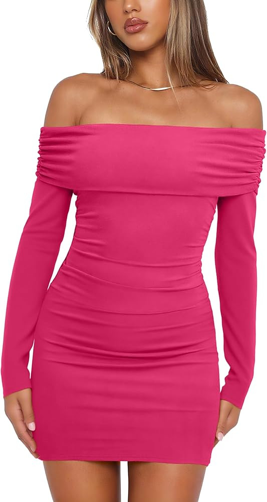 OWIN Women's Fall Off The Shoulder Ruched Bodycon Mini Dress Long Sleeve Ribbed Knit Fitted Club ... | Amazon (US)