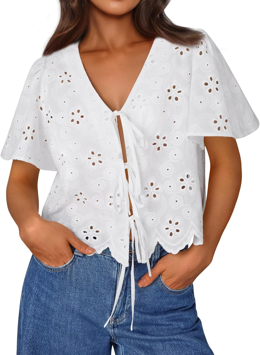 Trendy Queen Womens Summer Tops Cotton Tie Front Blouses | Amazon (US)