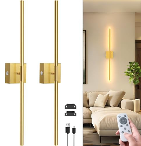 NIORSUN 28 Inch Battery Operated Wall Sconce Set of 2, 360° Rotation Gold Rechargeable Wall Lights with Detachable Tube and Remote, 3CCT Dimmable Wall Lamp for Living Room Bedroom Hallway | Amazon (US)