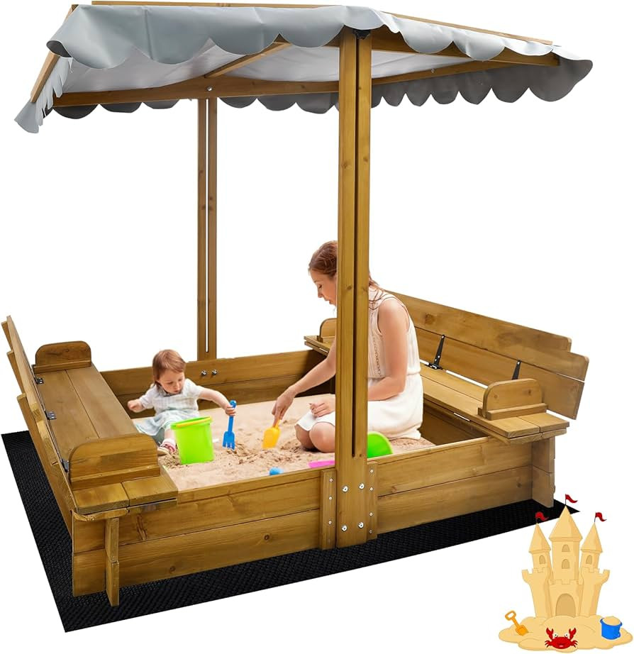 Kids Sandbox with Lid, Wooden Sand Box with Cover Outdoor, UV-Protection & Natural Wood, Foldable... | Amazon (US)
