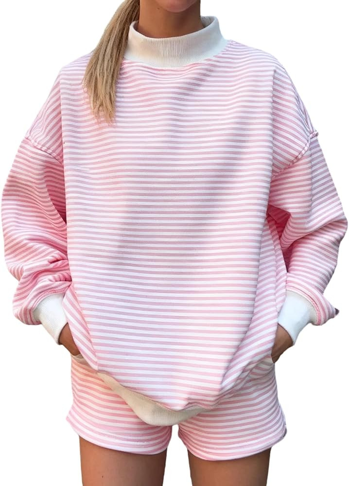 RUEWEY Womens Striped Outfits Mock Neck Long Sleeve Loose Fit Tops and Shorts Set Tracksuit Sweat... | Amazon (US)