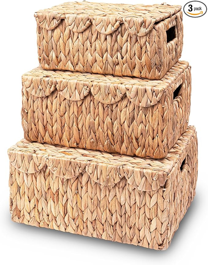 Set of 3 Scalloped Edge Wicker Basket with Lid, Rectangle Wicker Storage Basket with Built-in Han... | Amazon (US)