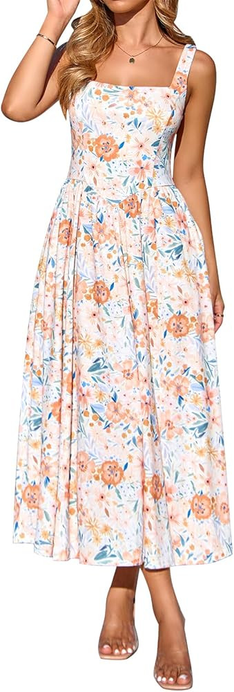 YATHON Women's Floral Midi Dress Casual Sleeveless Square Neck Tank Flowy Summer Beach Vacation S... | Amazon (US)