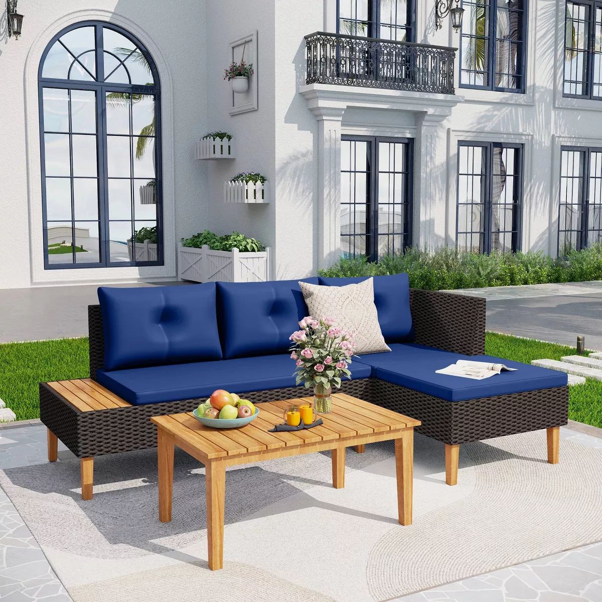 3pc Outdoor Acacia Wood Conversation Set with Sectional Sofa & Cushions - Captiva Designs | Target