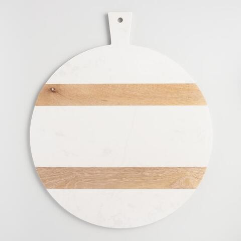 Large Round White Marble and Wood Paddle Cutting Board | World Market