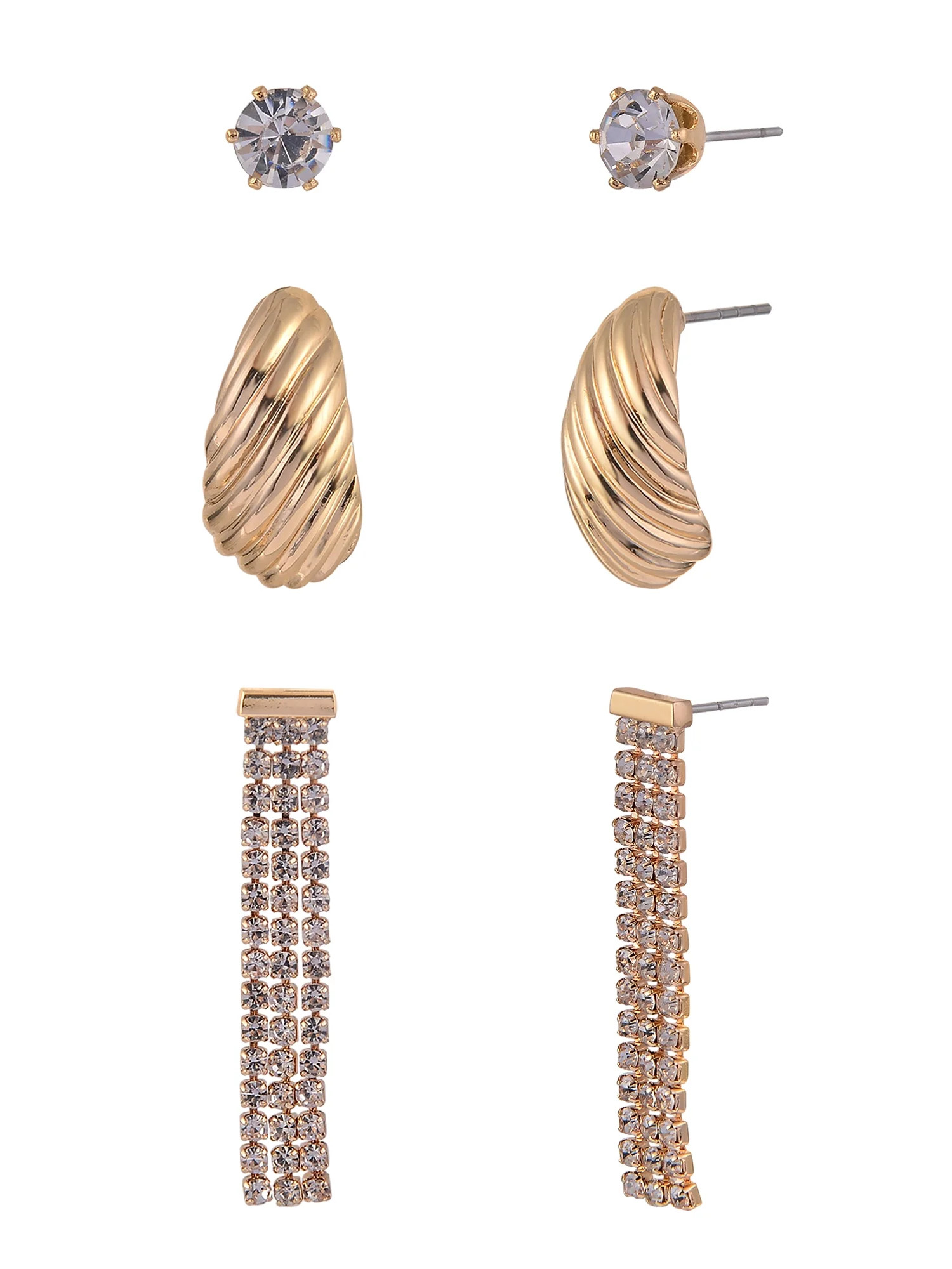 Time and Tru Women's Cry Stud Textured Cast Rhinestone Chain Goldtone Drop 3pc Multi Earring Set | Walmart (US)