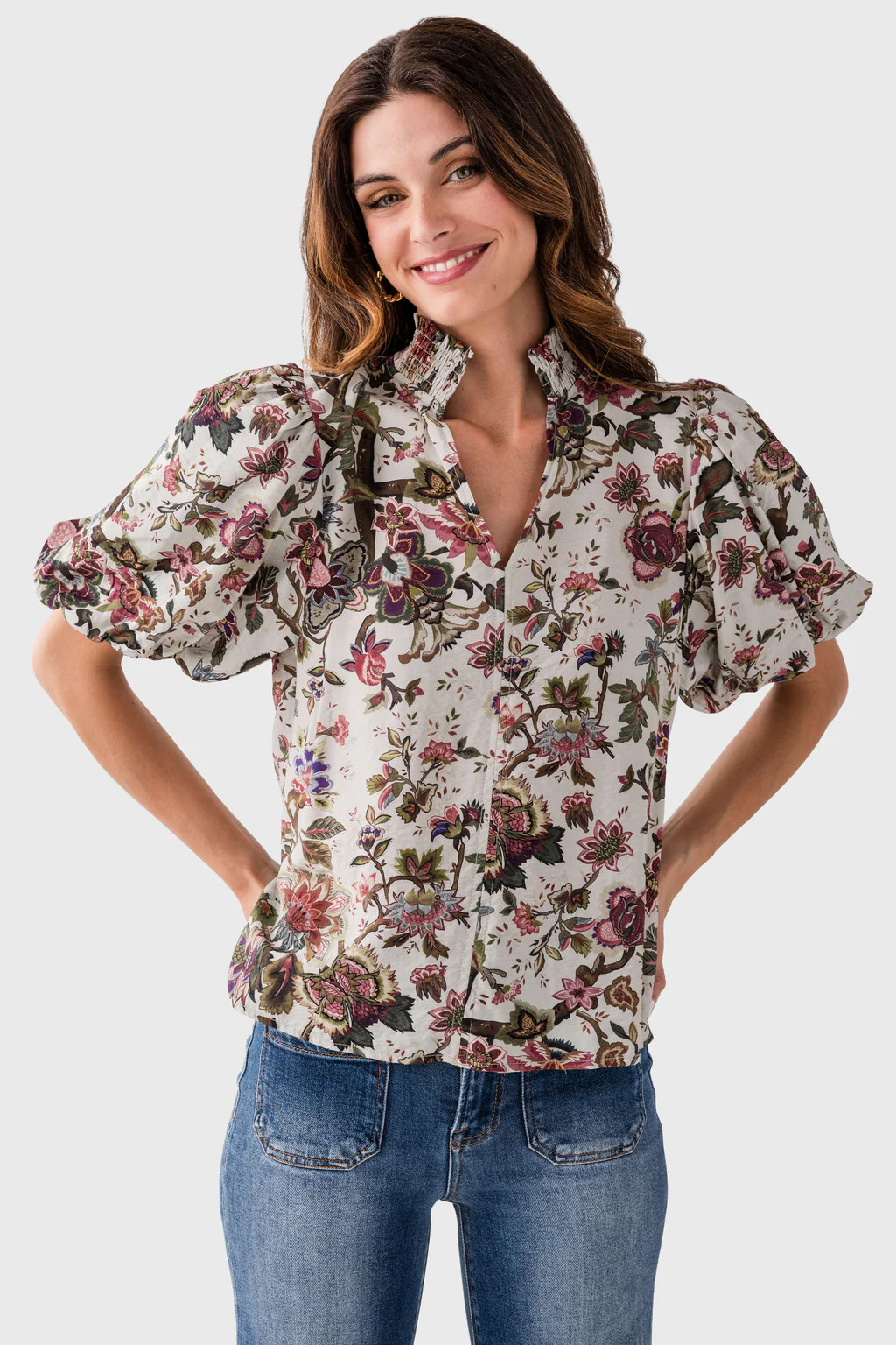 THML Muted Floral Print Puff Sleeve Top | Social Threads