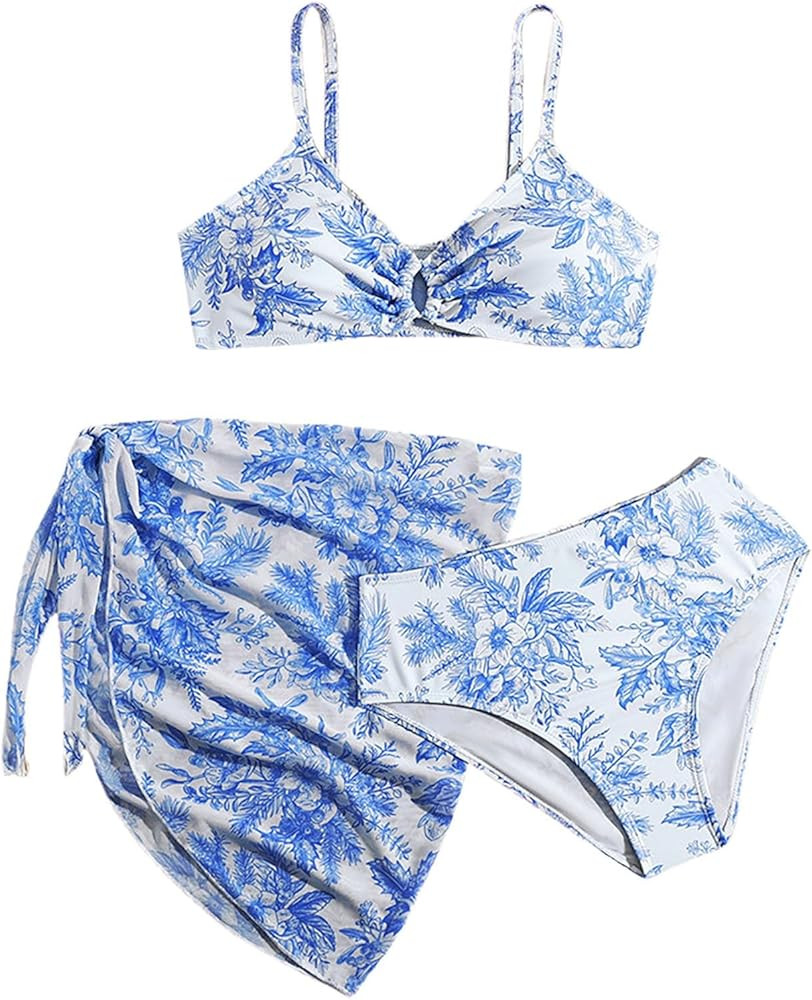 Girls 3 Piece Bathing Suit for Teens Floral Kids Swimsuit Tie Back Bikini Set Cute Casual Youth G... | Amazon (US)