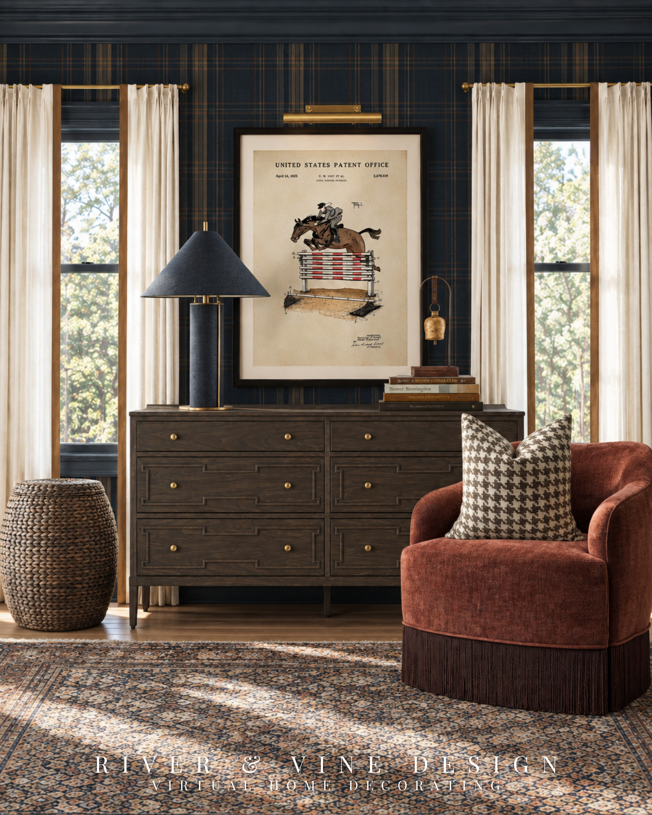 You want your bedroom to feel like it was collected over years. The dresser, the artwork, and that fringed rust chair are where the story starts.

There’s a quiet romance to this equestrian bedroom: the dark wood grain, the horse print beneath a brass picture light, the little pool of sunlight beside a chair that invites an afternoon with a book.

For dresser styling with this much character, let one substantial piece of artwork lead. Here, the print’s generous ivory border gives it breathing room against the plaid wallpaper. The dresser’s detailed drawer fronts carry the interest below, so a lamp and a stack of books are enough to finish the arrangement.

Shop the dresser, equestrian artwork, and picture light to bring that same sense of history to your bedroom.

bedroom dresser styling, dresser wall decor, dark wood dresser, equestrian wall art, brass picture light, navy table lamp, rust accent chair, houndstooth throw pillow

I may receive a commission from purchases made through my links.
 

 #LTKHome