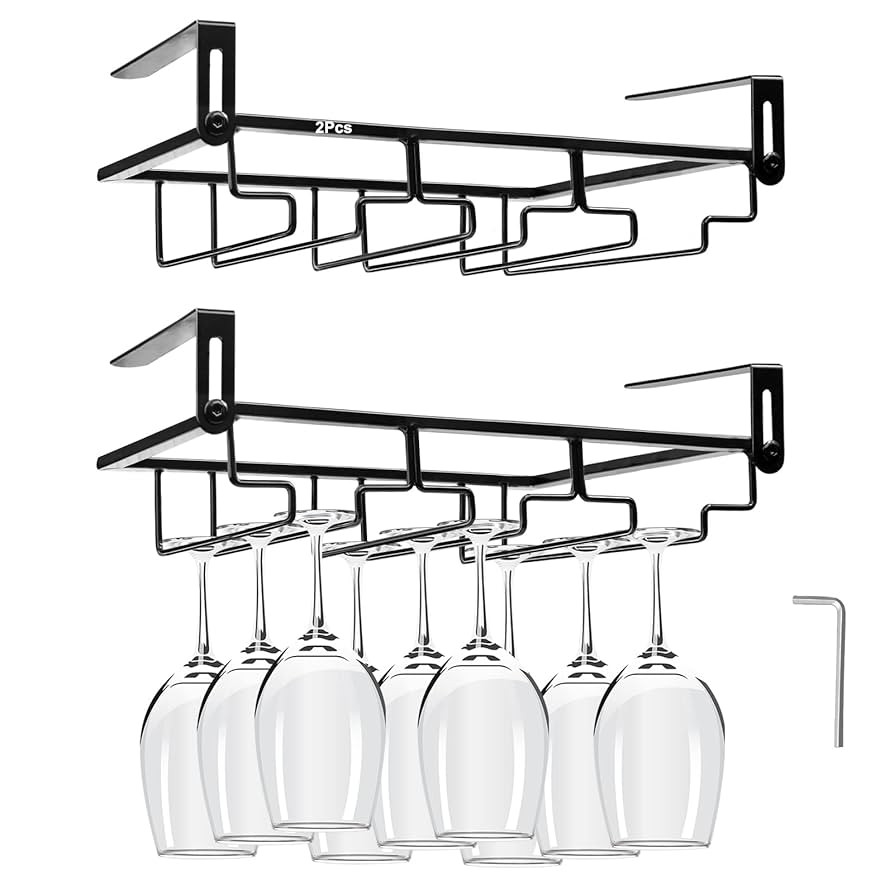 AUHOKY 2Pcs Adjustable Wine Glass Rack Under Cabinet, Punch-Free 3 Rows Stemware Metal Holder, Ha... | Amazon (US)