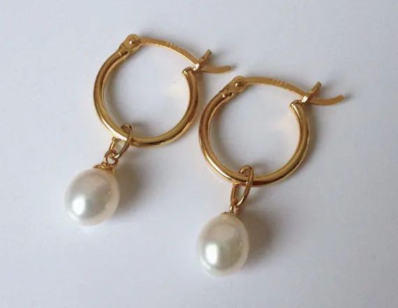 18ct Gold over Sterling Silver Freshwater Pearl Drop Huggie Hoop Creole Earrings. | Etsy (US)