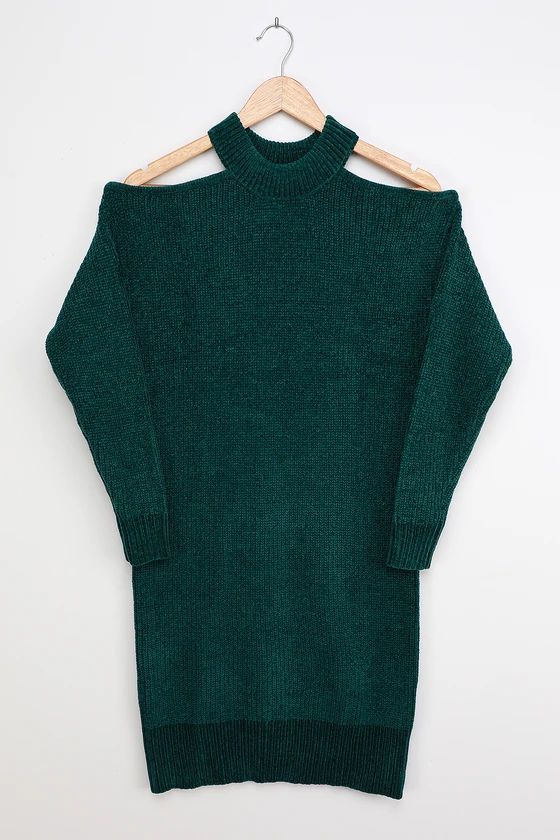 Cozy Scene Emerald Green Chenille Cold Shoulder Sweater Dress | Lulus (US)