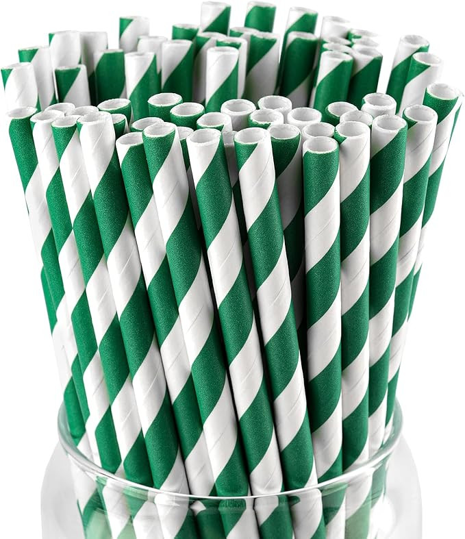 [100 Pack] Green Straws, Disposable Christmas Green and White Striped Straws for Cocktails, Milks... | Amazon (US)