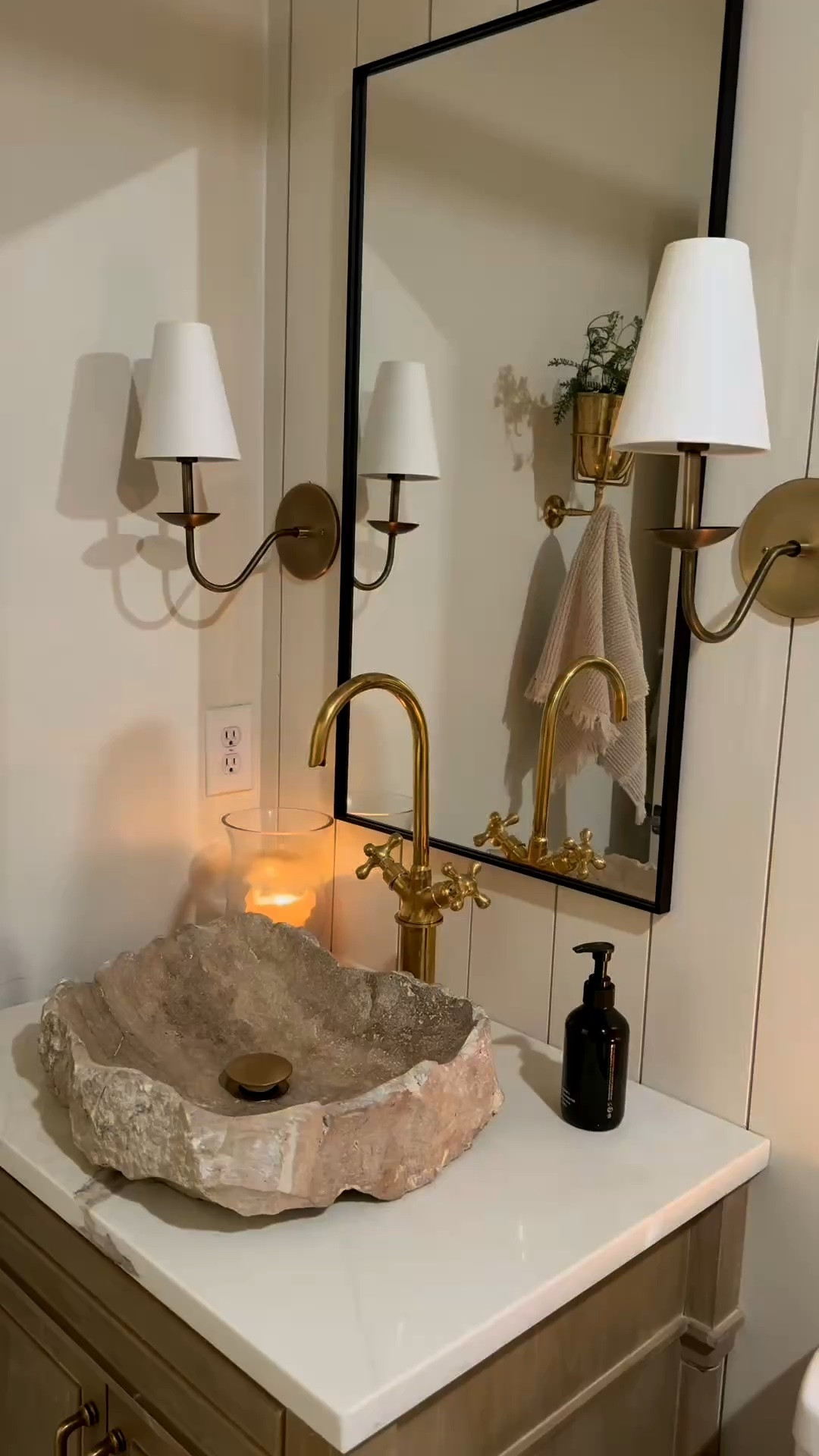 My brass vase I hang on the wall in my bathroom is back in stock! It has a hook for a towel. It would be beautiful in a kitchen with a scrub brush hanging from the hook! My stone sink I sourced locally but I linked similar I found online. Mirror is simple and super affordable on Amazon! I also linked a couple other brass wall vases I found online but I don’t own them! I own the one I linked as an exact match!

#LTKHome