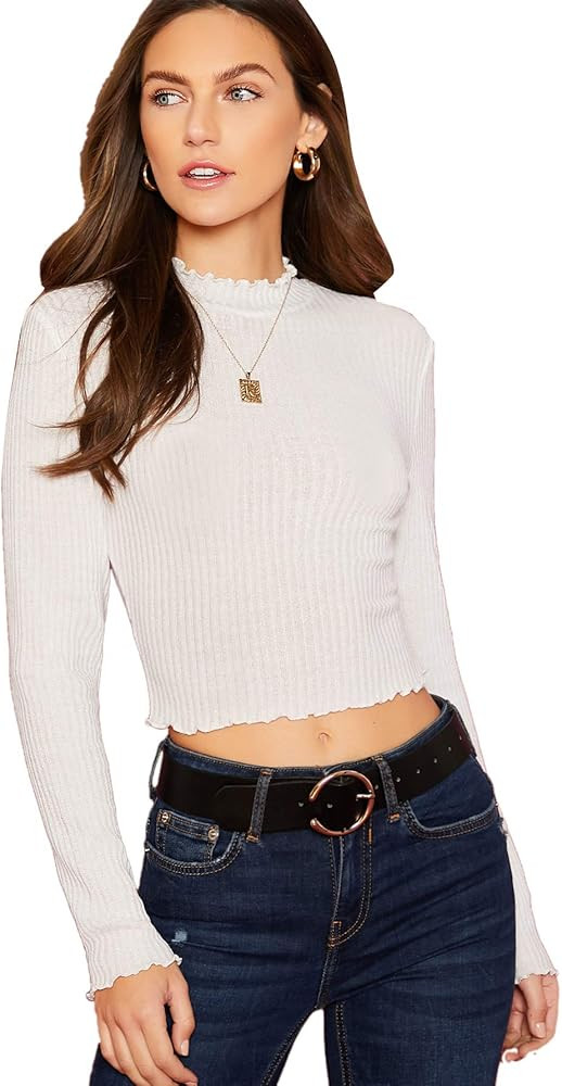 Floerns Women's Fitted Ribbed Mock Neck Long Sleeve Crop Tops Tee Shirts | Amazon (US)