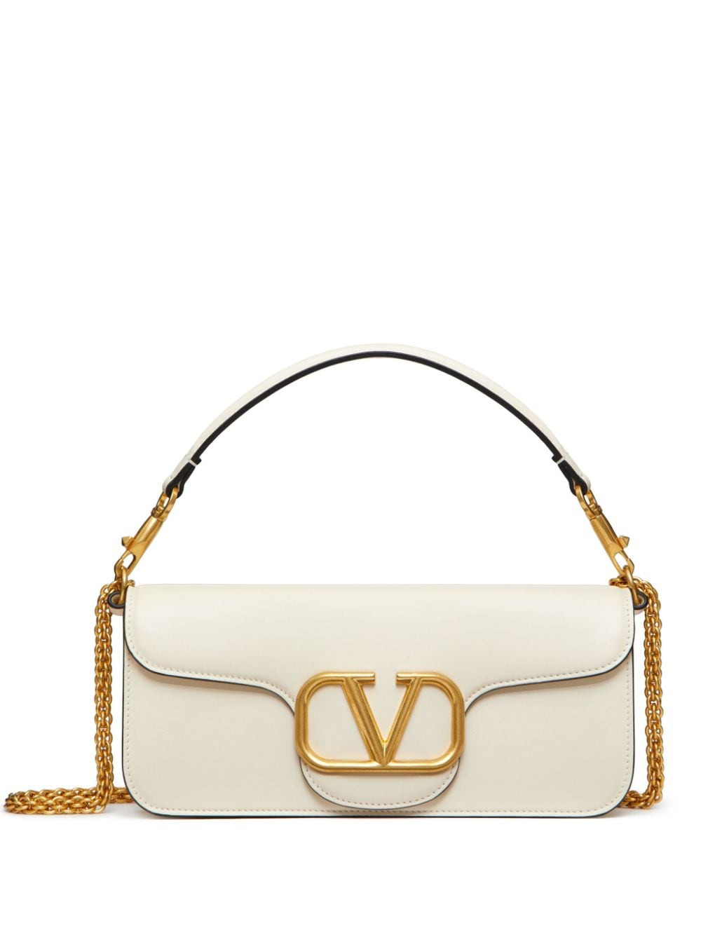 Valentino Garavani Valentino Garavani Locó shoulder bag in calfskin with metallic VLogo Signature detail - Neutrals | Farfetch Global