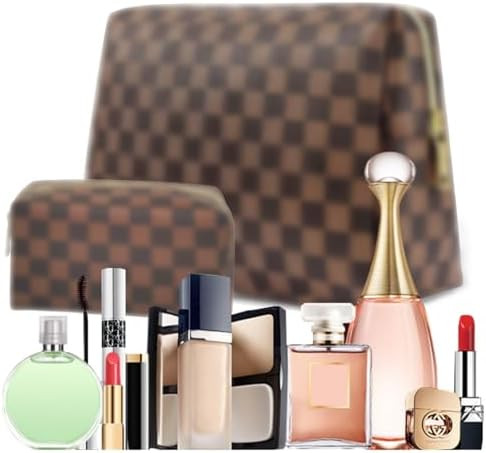 Checkered Makeup Bag Set for Women, 2PCS PU Leather Cosmetic Bag, Large Travel Toiletry Organizer... | Amazon (US)