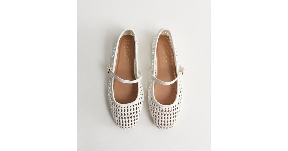 Wide Fit White Faux Leather Woven Mary Jane Pumps | New Look | New Look (UK)