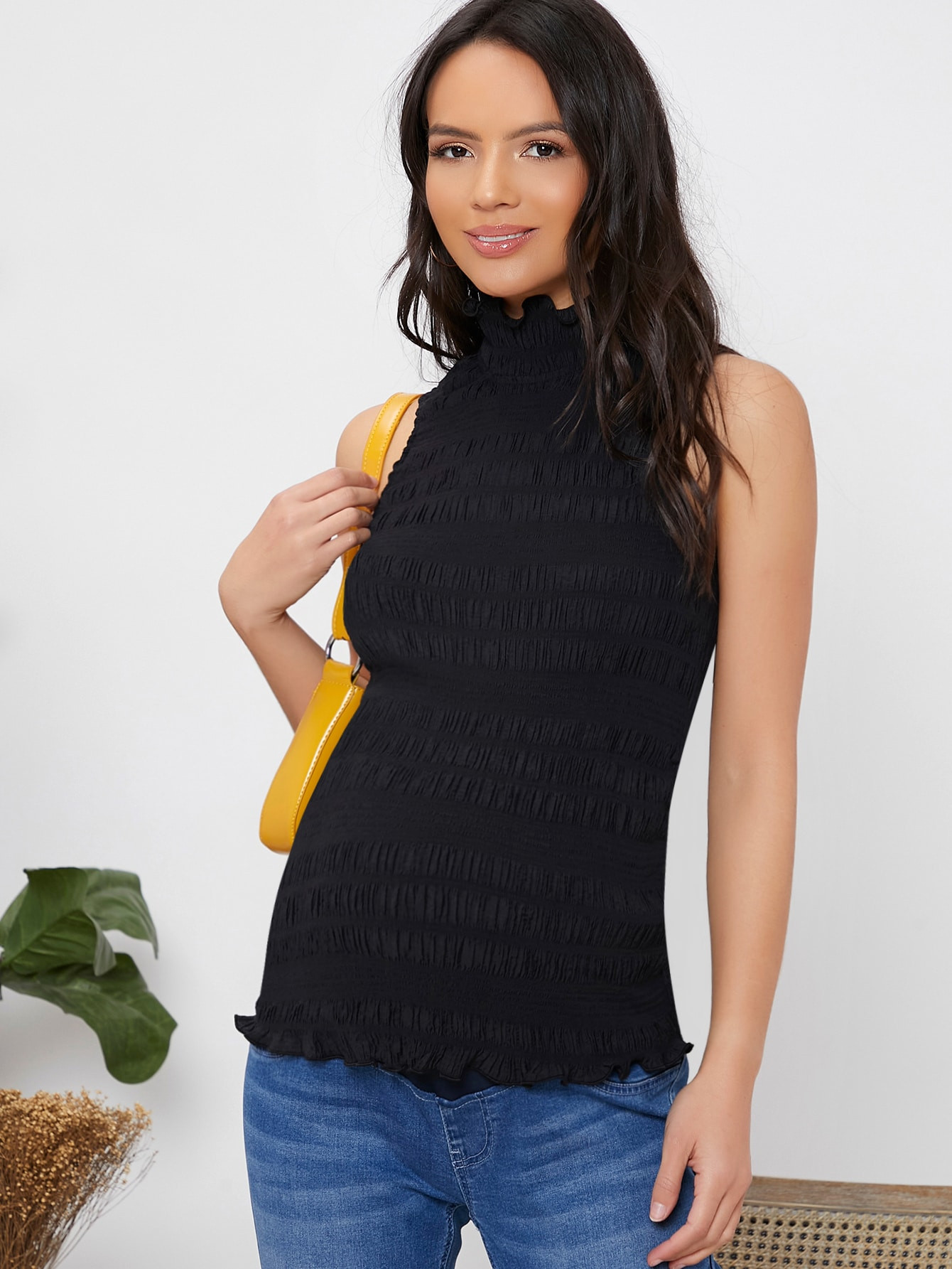 NEWSHEIN Maternity Keyhole Back High Neck Lettuce Trim Crinkle Tank Top | SHEIN