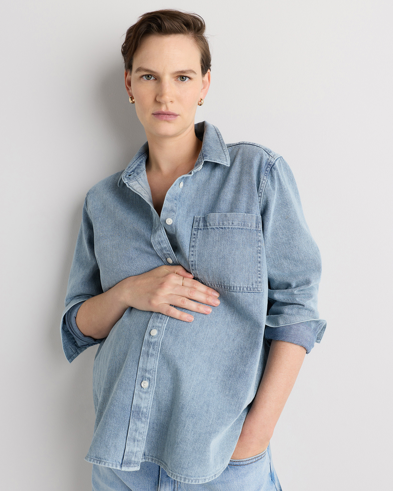 Quince | Women's Oversized Denim Maternity Shirt in Blue, Size Medium, Tencel | Quince