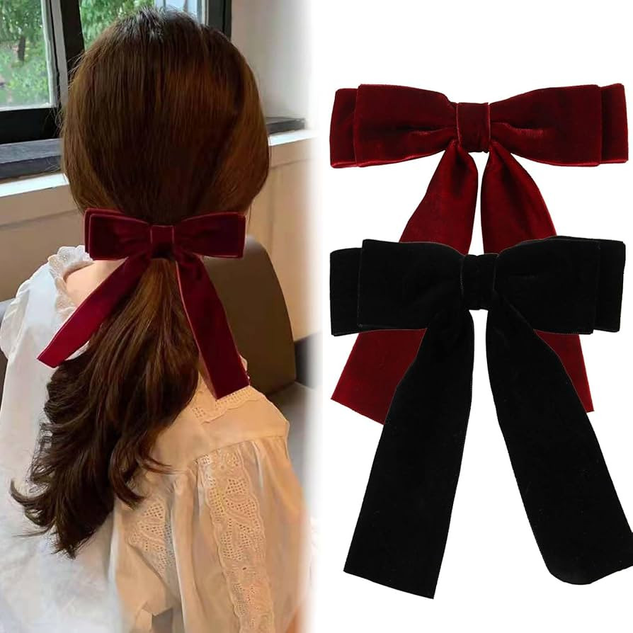 Women's Hair Bow, Pack of 2 Red + Black Hair Clips, Velvet Satin Ribbon Bow Hair, French Hair Bow... | Amazon (DE)