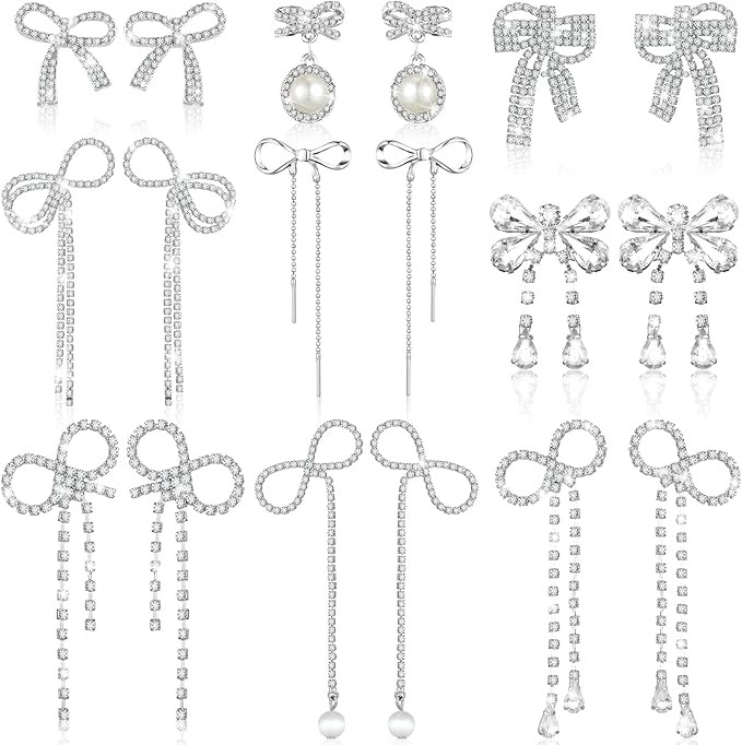 9 Pairs Silver Bow Earrings Rhinestone Bow Drop Earrings for Women Silver Crystal Drop Earrings P... | Amazon (US)
