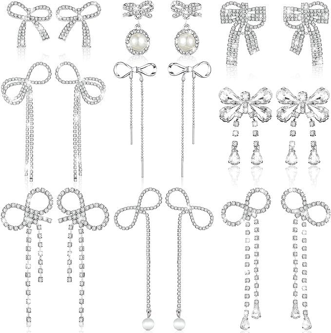 9 Pairs Silver Bow Earrings Rhinestone Bow Drop Earrings for Women Silver Crystal Drop Earrings P... | Amazon (US)